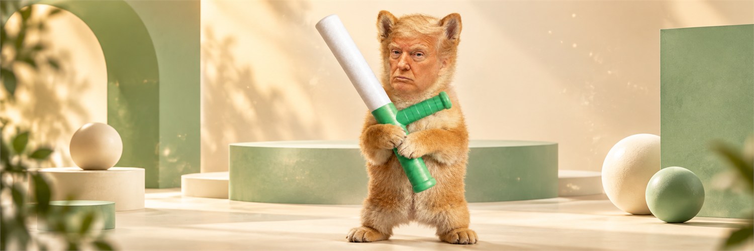 Batrump holding the green bat in a surreal cream and mint studio