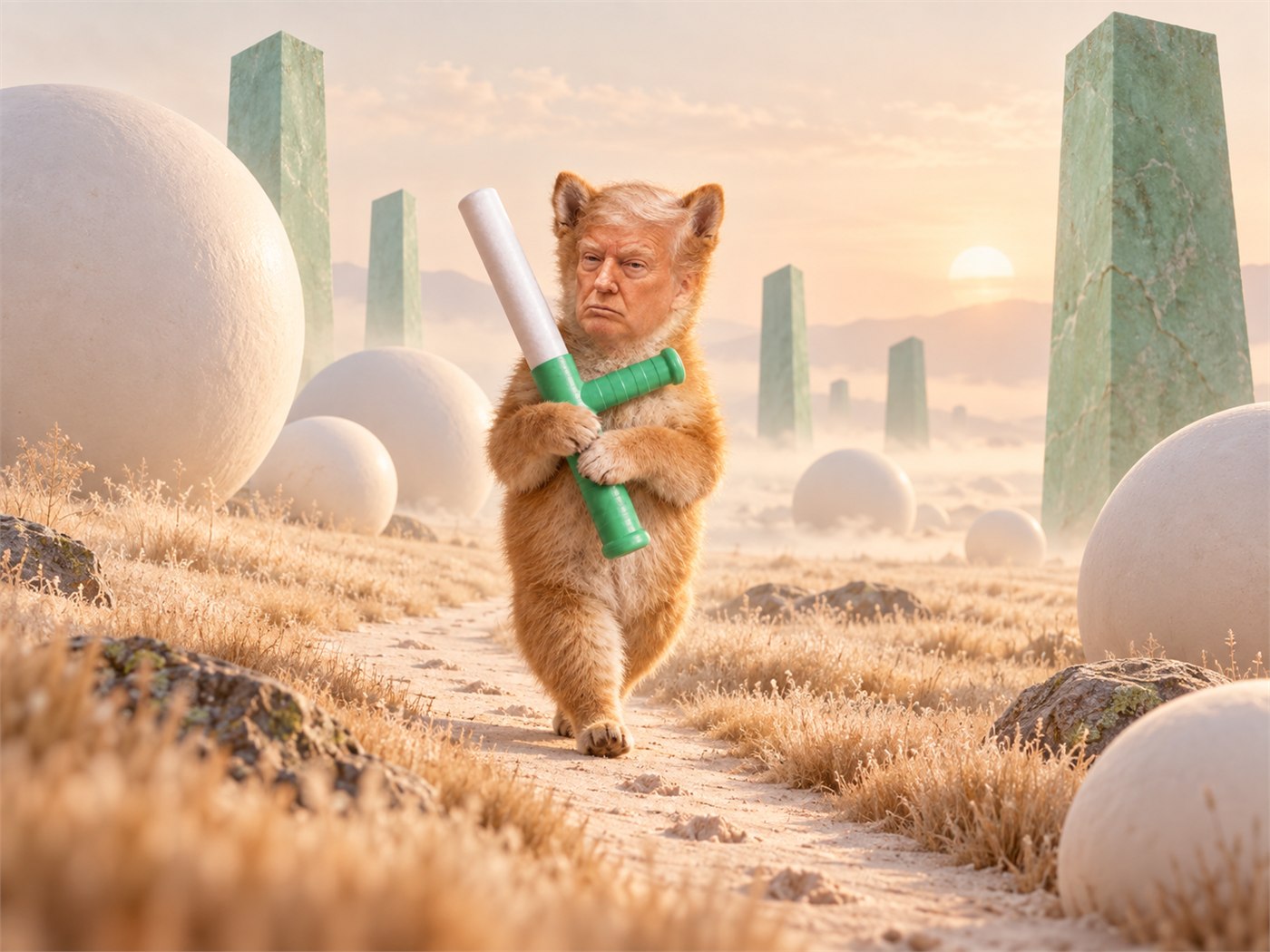 Batrump crossing a surreal field with the green bat