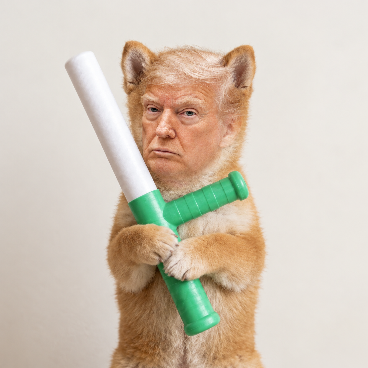 Batrump, an orange furry character holding a bright green toy bat