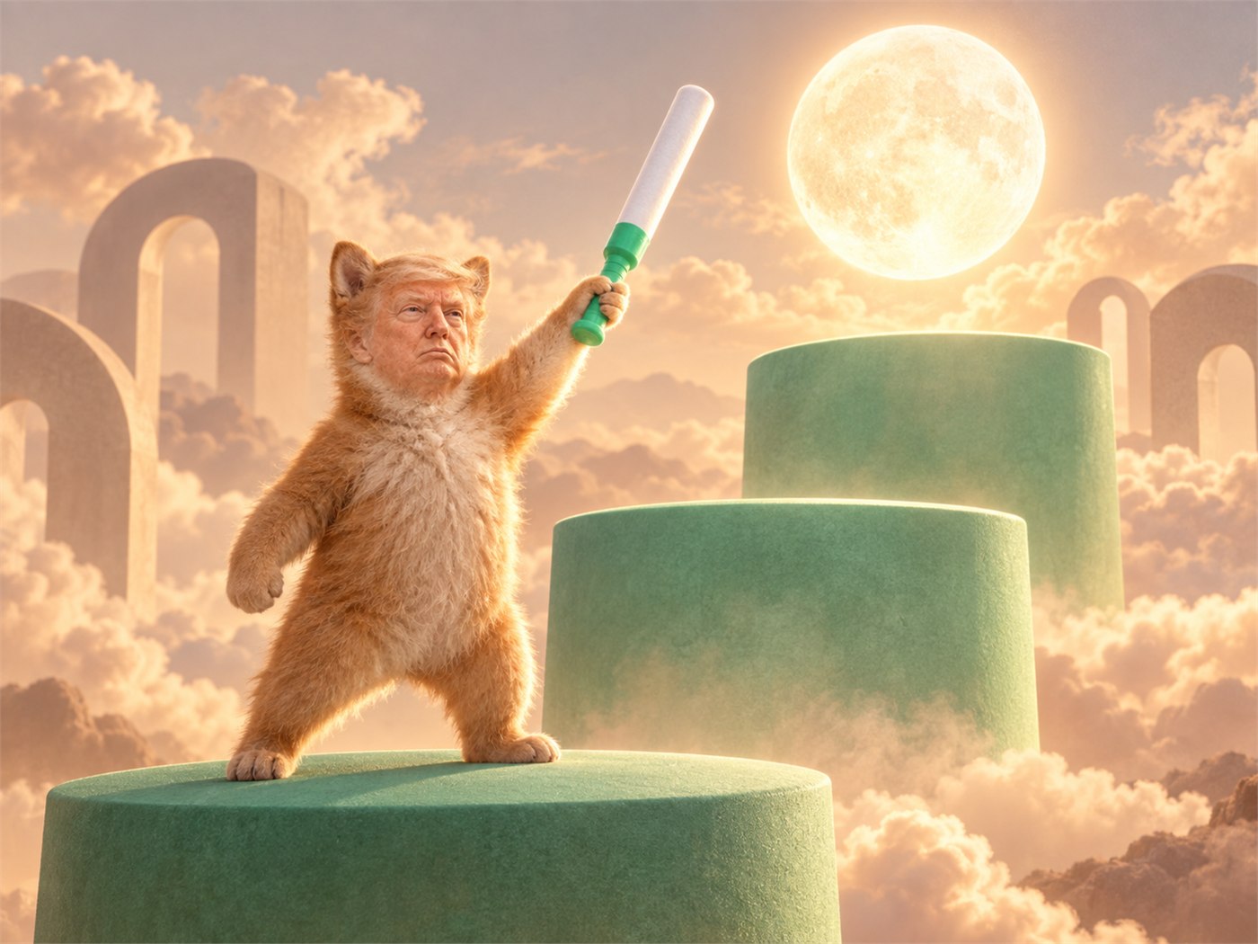 Batrump raising the green bat on three ascending platforms
